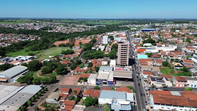 Aerial drone view of Bady Bassitt city in Sao Paulo state, Brazil. Residential neighborhoods, urban development and expansion of a small Brazilian town in the countryside