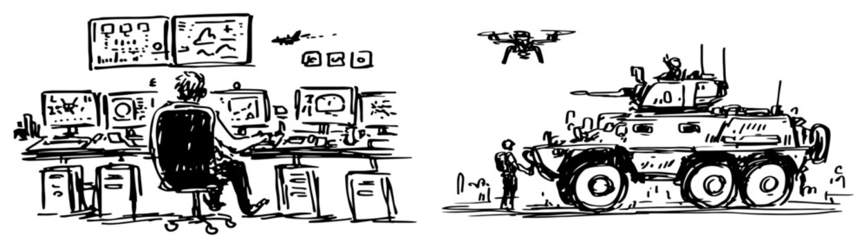 Military armored vehicle and control room operator monitoring drone surveillance mission sketch style