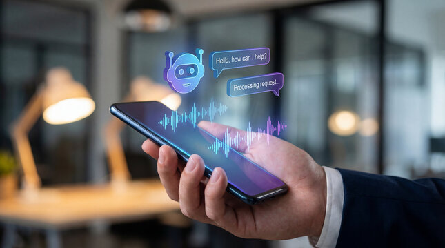 Voice assistant interaction on smartphone with holographic chatbot icon and waveform display, business user holding device and receiving hands free virtual help in modern office environment