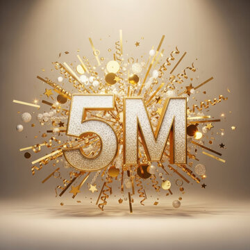 5 Million celebration with golden confetti and streamers in warm spotlight for social media milestone.