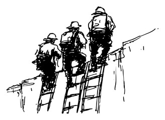 Firefighters climbing ladders during emergency rescue operation in a hand drawn sketch style © AdrianGebert