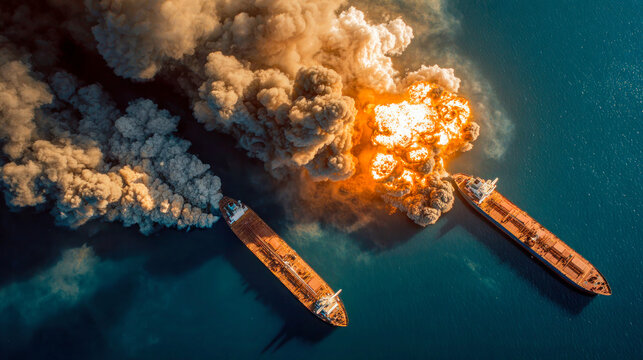 Oil tanker explosion in Strait of Hormuz with massive fire and smoke