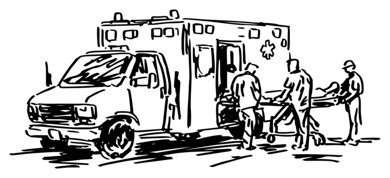 Medical team loading a patient into an ambulance in a hand drawn sketch style