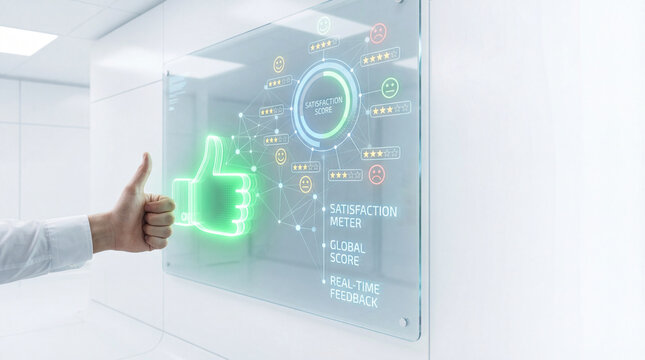 Thumbs up gesture before transparent digital display showing satisfaction score, satisfaction meter, global score and real time feedback with neon icons and network graphics, optimistic tone