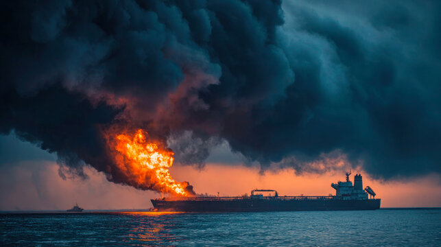 Burning oil tanker at sea with massive smoke plume and fire