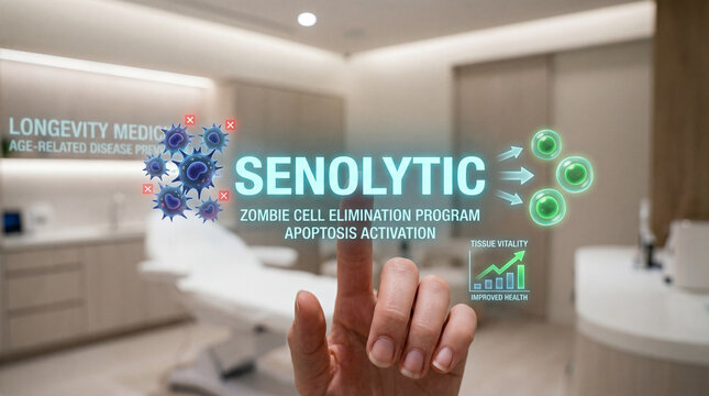 Senolytic treatment concept with holographic interface showing zombie cell elimination, apoptosis activation and tissue vitality improving in clinical longevity medicine setting