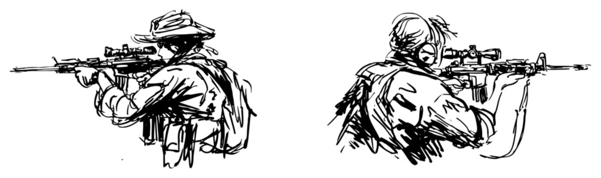 Military snipers aiming rifles with scopes in hand drawn sketch style