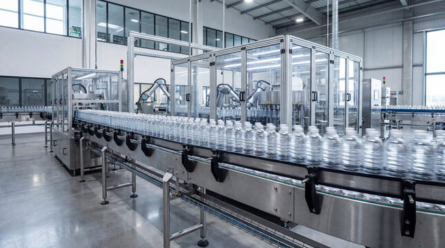 Clear modern bottling line bright industrial factory with robotic arms and conveyor transporting rows of plastic water bottles, sterile stainless steel machinery and efficient automated production