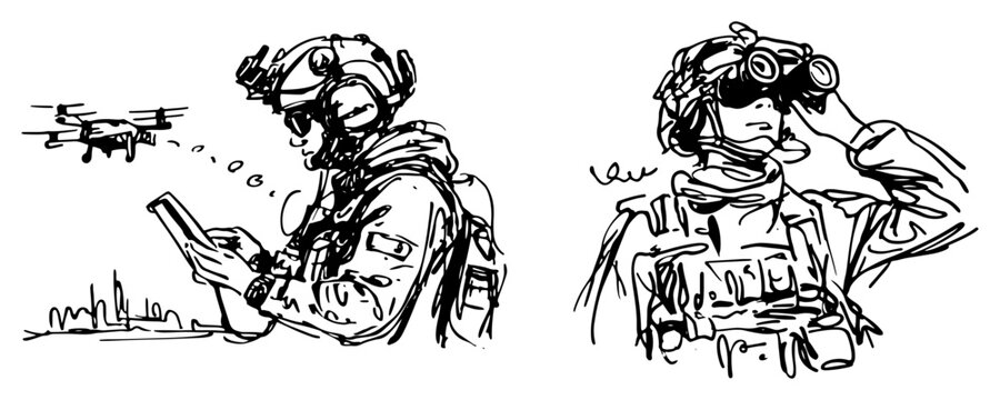 Soldier operating surveillance drone and soldier using binoculars in a hand drawn sketch style