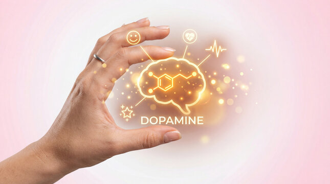 Hand holding glowing brain illustration with dopamine molecule and icons representing mood, reward, and heartbeat, conveying neuroscience concept and mental wellness