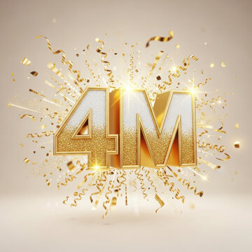 Four Million Number with Confetti in Golden Sparkle Lighting for Celebration Announcement