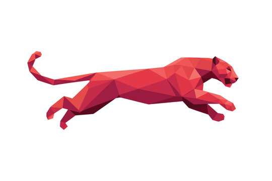 A low poly red geometric puma or mountain lion in a running pose