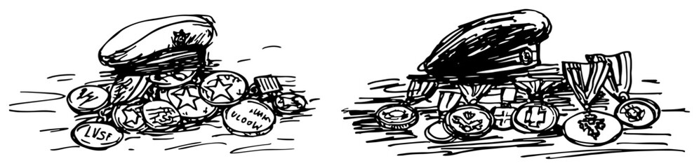 Naklejka premium Military medals insignia and service cap representing honor and veteran recognition in a hand drawn sketch style