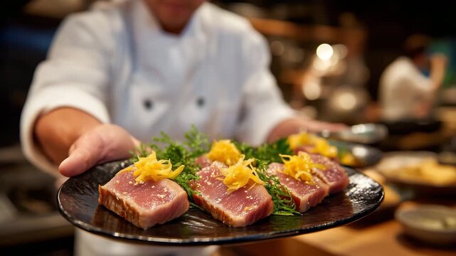 Elegant side-angle view of a sushi chef&rsquo;s hand presenting chutoro nigiri on a glossy obsidian plate, silky texture of the tuna reflecting soft ambient light, delicate folds of ging