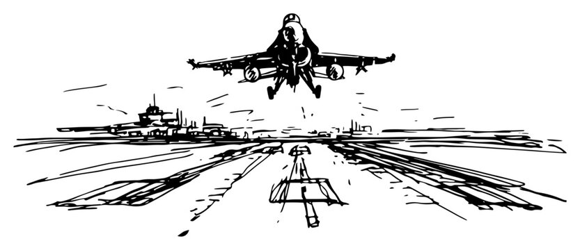 Military fighter jet taking off from an airfield runway in a hand drawn sketch style