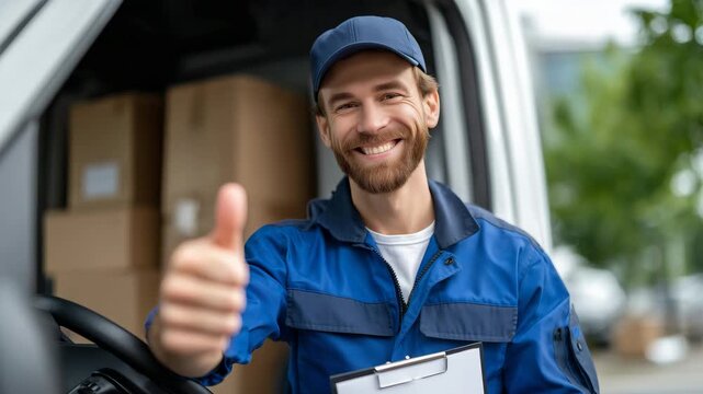 Energetic delivery driver giving thumbs up from truck window, blurred industrial park behind, daylight filtering through trees, parcel visible inside cab, clean horizontal space fo