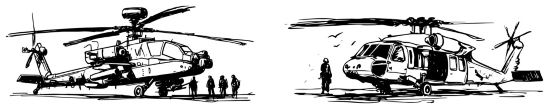 Military attack and utility helicopters parked on the ground in a hand drawn sketch style