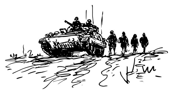 Main battle tank advancing with group of soldiers in a hand drawn sketch style