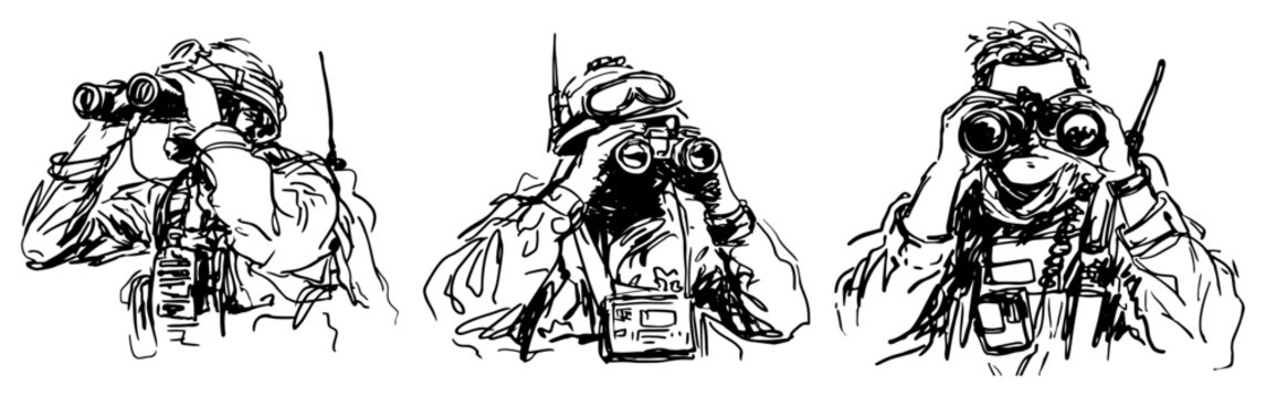 Soldiers using binoculars for surveillance and scouting in a hand drawn sketch style