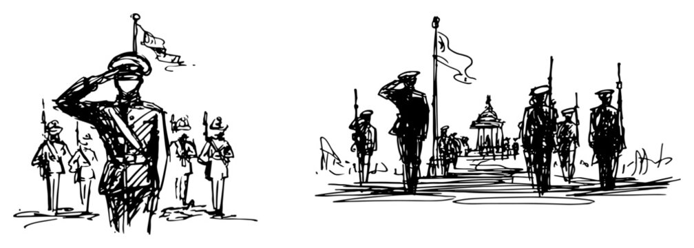Military officers saluting during memorial ceremony or parade in hand drawn sketch style