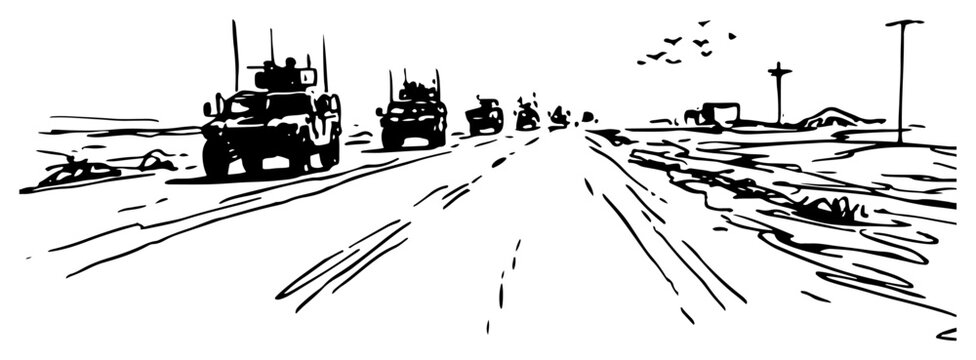 Military convoy of armored vehicles driving on highway in hand drawn ink sketch style