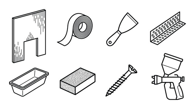 Construction tools and materials line icons on transparent background
