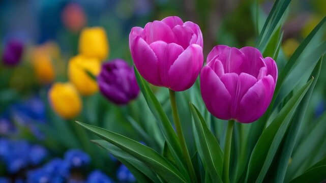 Fresh garden close-up of vivid tulips at peak bloom, crisp focus on petal texture and color gradients, soft shadows and highlights, lush greenery behind, Earth Day and natural beau