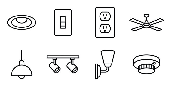 Electrical fixtures and lighting icon set including wall switch and ceiling fan with power outlet
