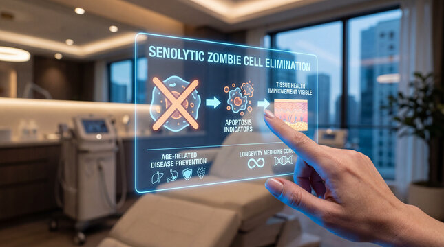 Senolytic zombie cell elimination interface showing apoptosis indicators and tissue health improvement in clinical aesthetic treatment room, futuristic medical concept