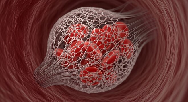 Close-up 3D illustration of a blood clot forming within a blood vessel.