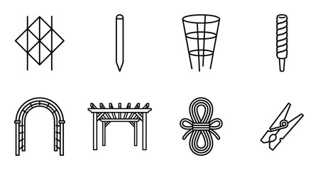 Garden equipment and landscaping tools icons featuring trellis pergola plant supports and rope bundle © GoDesigner