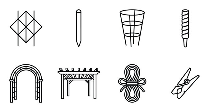 Garden equipment and landscaping tools icons featuring trellis pergola plant supports and rope bundle