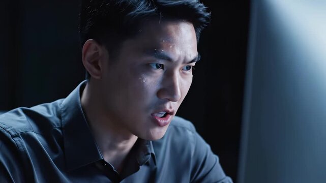 A dedicated programmer sits in a shadowy environment, absorbed in his work on a computer. His expressions range from deep concentration to passionate engagement with the challenges he&rsquo;s tackling.