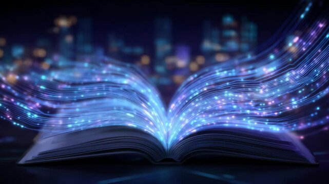 High-detail close-up of an open book with neon circuits etched across the pages, small glowing data points hovering in mid-air, dark futuristic background, shallow depth of field e