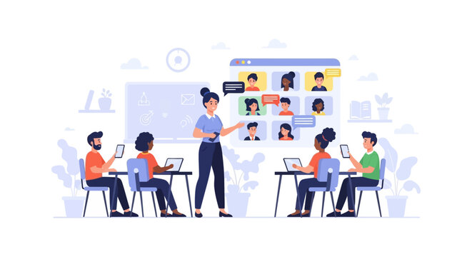 Blended Learning Hybrid Classroom Concept: Teacher educating diverse students in person and connecting with remote participants via video conferencing and virtual online screen.