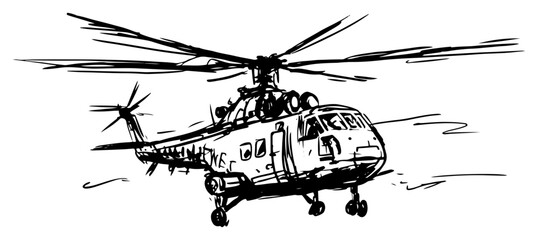 Obraz premium Military transport helicopter in flight in hand drawn sketch style