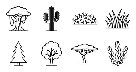 Landscape vegetation icons including banyan tree cactus shrub grass spruce and seaweed linear symbols © GoDesigner