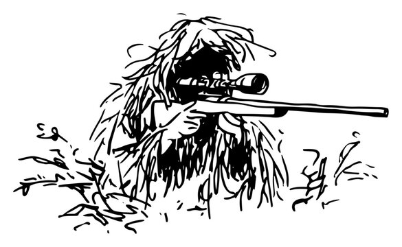 Sniper wearing ghillie suit aiming long range rifle in hand drawn sketch style