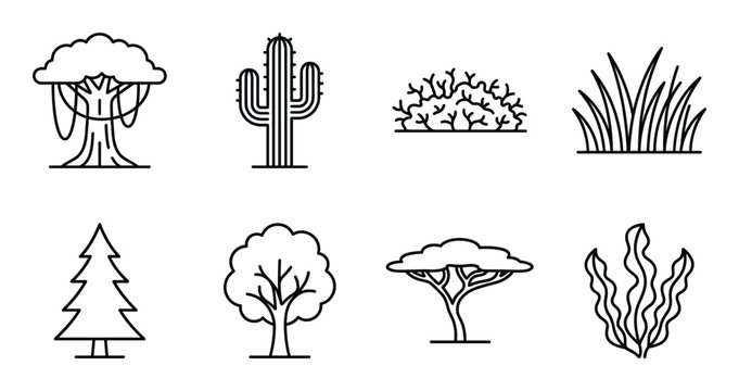 Landscape vegetation icons including banyan tree cactus shrub grass spruce and seaweed linear symbols
