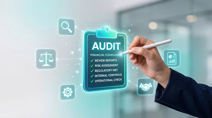 Obraz premium Audit financial compliance checklist on glowing clipboard held by business person using stylus, showing review reports, risk assessment, regulatory met, internal controls and operational check