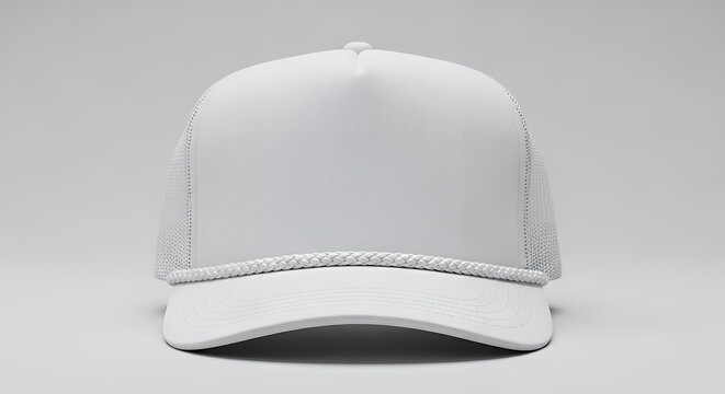 Front view of a white trucker hat with mesh and rope detail hat mockup mockup cap hat template fashion clothing baseball front sport isolated blank