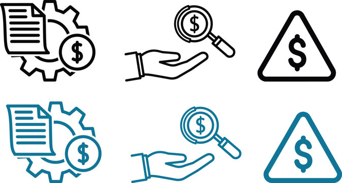 Financial icons depicting money documents and warning signs