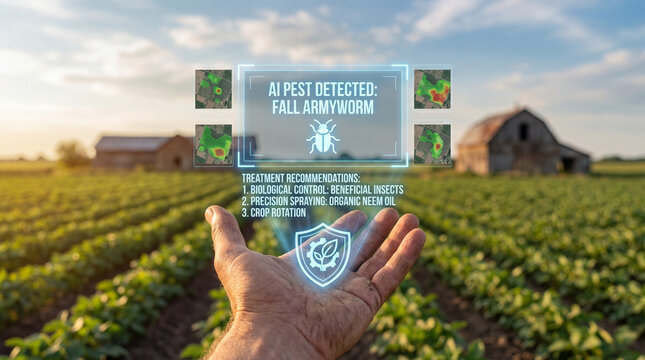 AI pest detected fall armyworm alert over soybean field with treatment recommendations including biological control, precision spraying with organic oil, and crop rotation, hopeful farmer hand