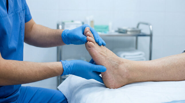 Doctor wearing blue gloves examining elderly patient foot in clinical treatment room, gentle care and medical assessment with focused touch and calm atmosphere