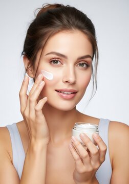 Portrait of a young woman applying moisturizer to her face, holding a jar of cream in her hand, with soft studio lighting