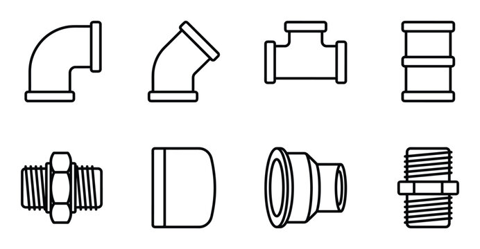 Plumbing pipe fittings including elbows, tees, connectors, adapters, and couplings, line art