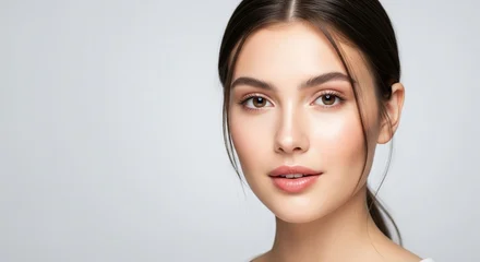 Fototapete Schönheitssalon Stunning close-up portrait of a beautiful young woman with radiant, healthy skin, showcasing her natural beauty, serene expression, and fresh, glowing complexion  © Elitemedia