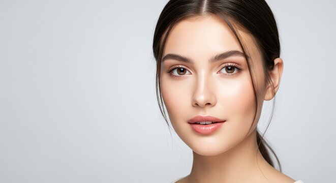 Stunning close-up portrait of a beautiful young woman with radiant, healthy skin, showcasing her natural beauty, serene expression, and fresh, glowing complexion