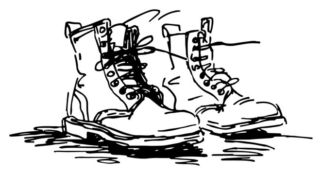 Pair of military combat boots with laces sketch style