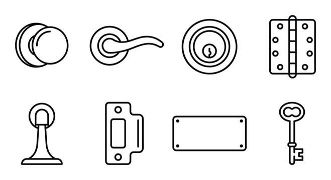 Set line door handle, knob, lock, hinge, stopper, plate, key, entrance, security, home, house
